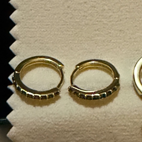 Dainty Gold Huggie Hoop Earrings Green Gemstone Pave & Clover Dangle Set